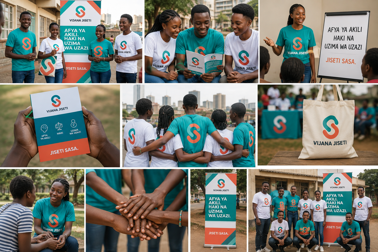 Collage of Vijana Jiseti outreach in Nyamira: youth in branded t-shirts, community sessions, banners and printed materials